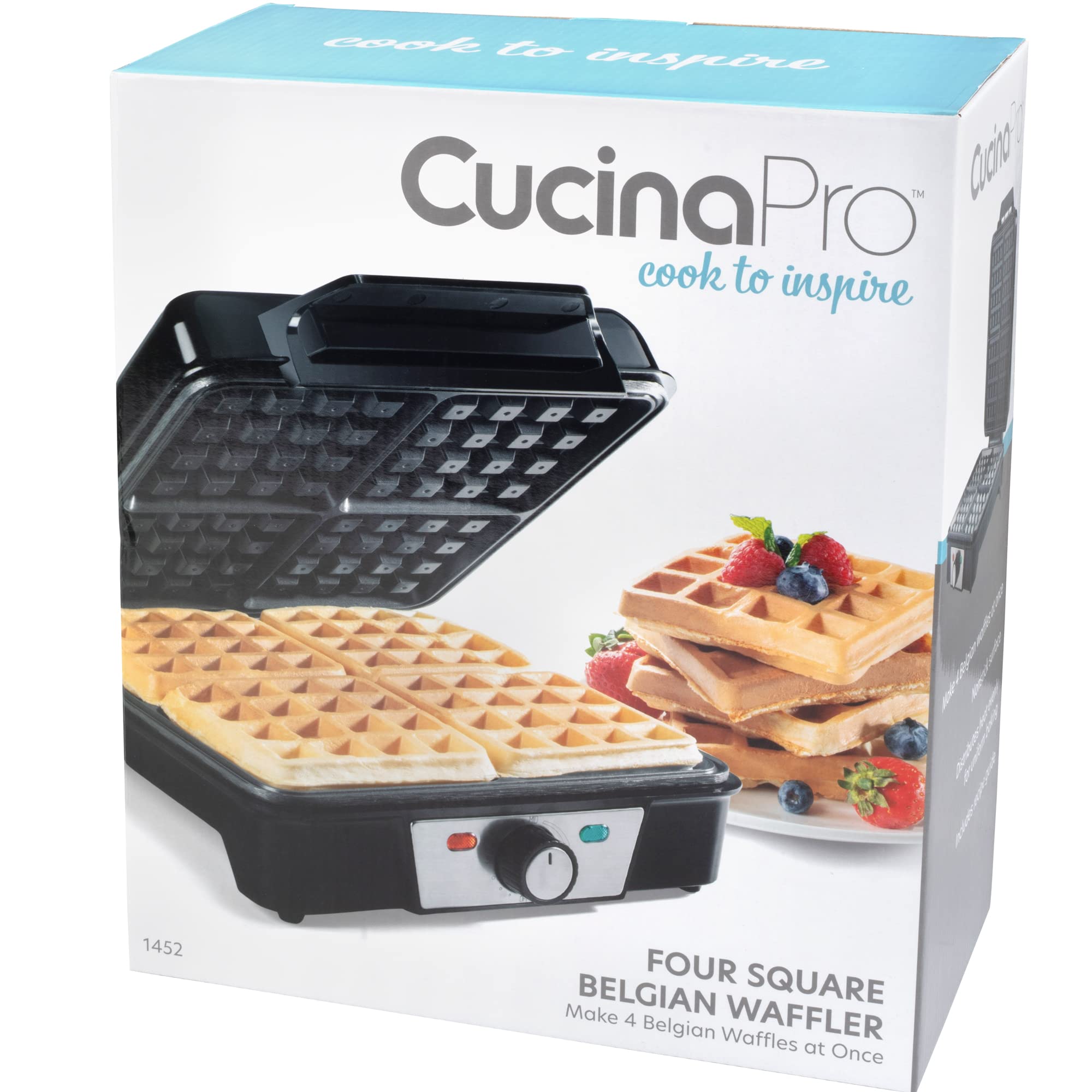 Family breakfast scene with CucinaPro four square belgian waffle maker