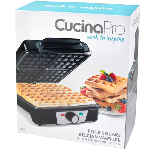Family breakfast scene with CucinaPro four square belgian waffle maker