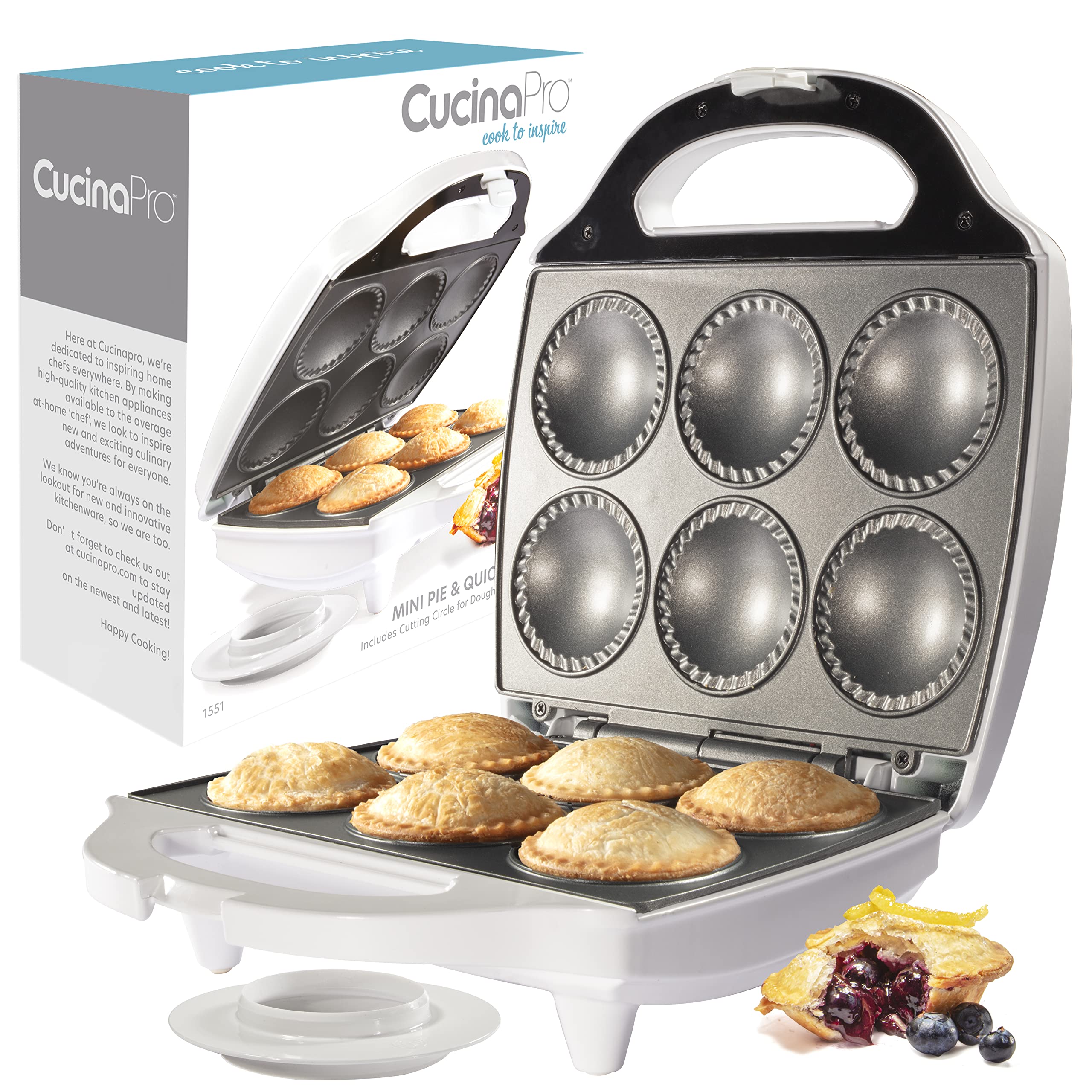 CucinaPro mini pie maker with six pies ready for quick snacks and entertaining.