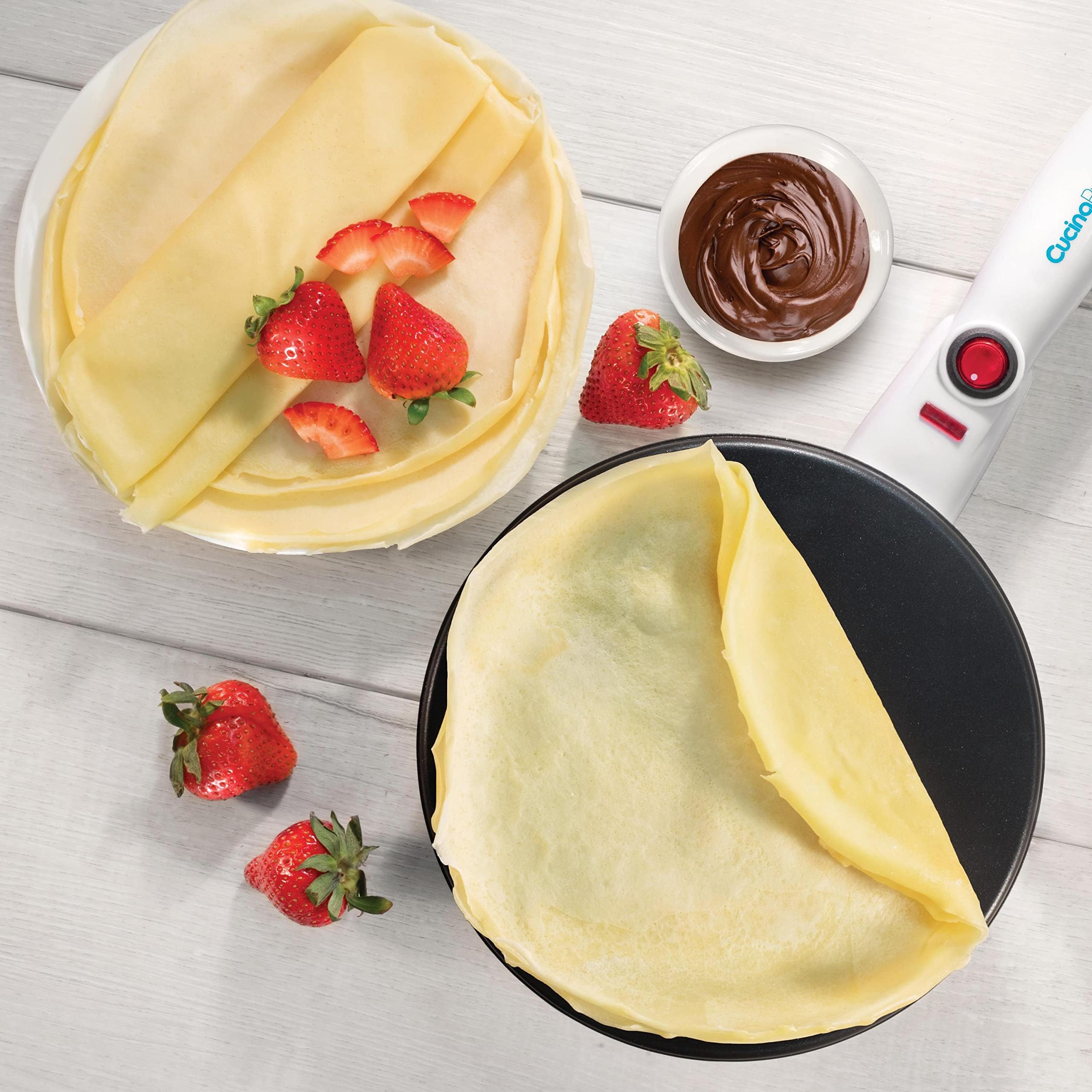 CucinaPro nonstick dipping plate helps spread batter evenly for even crepes.