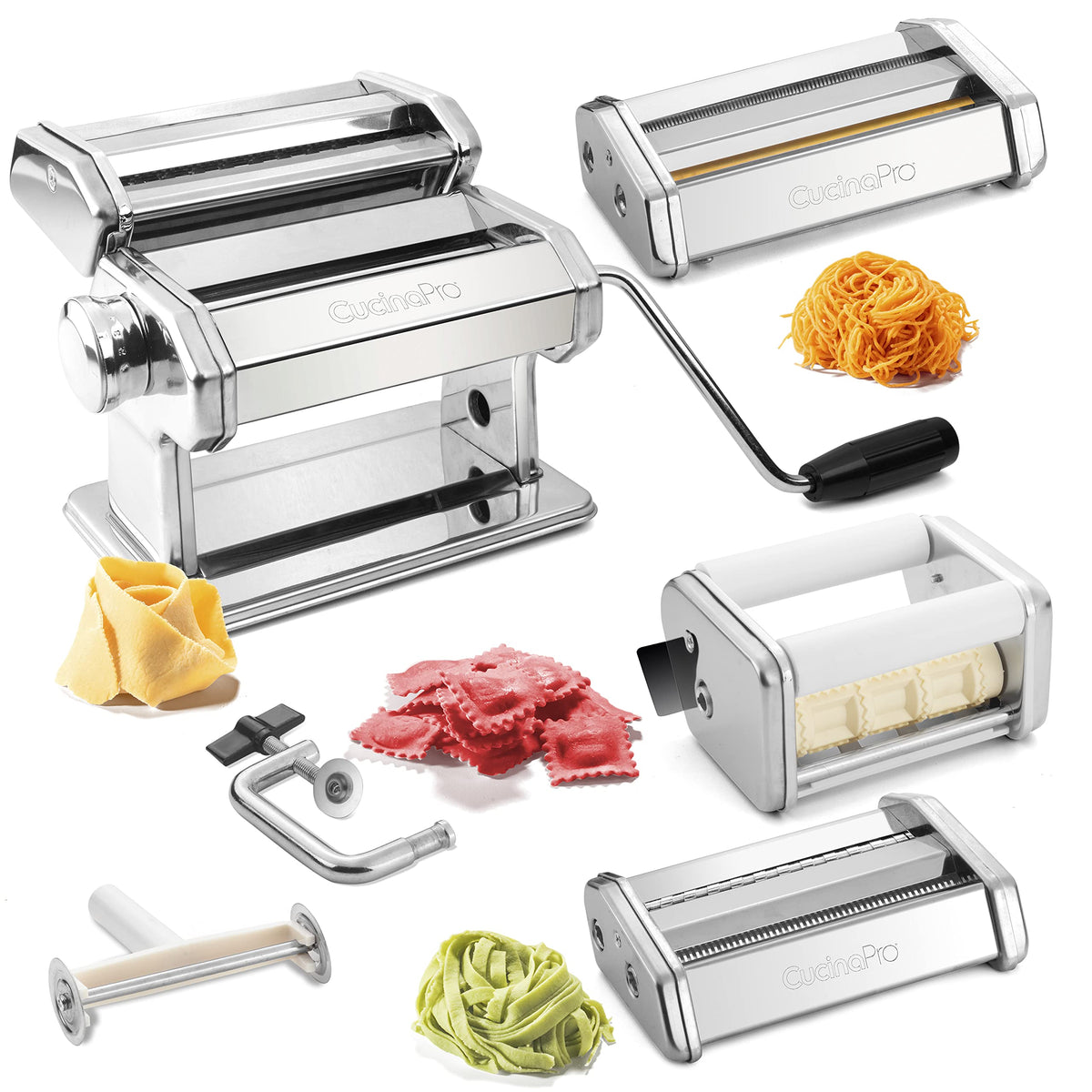 CucinaPro Pasta Maker Deluxe with hand crank on a kitchen counter for fresh pasta