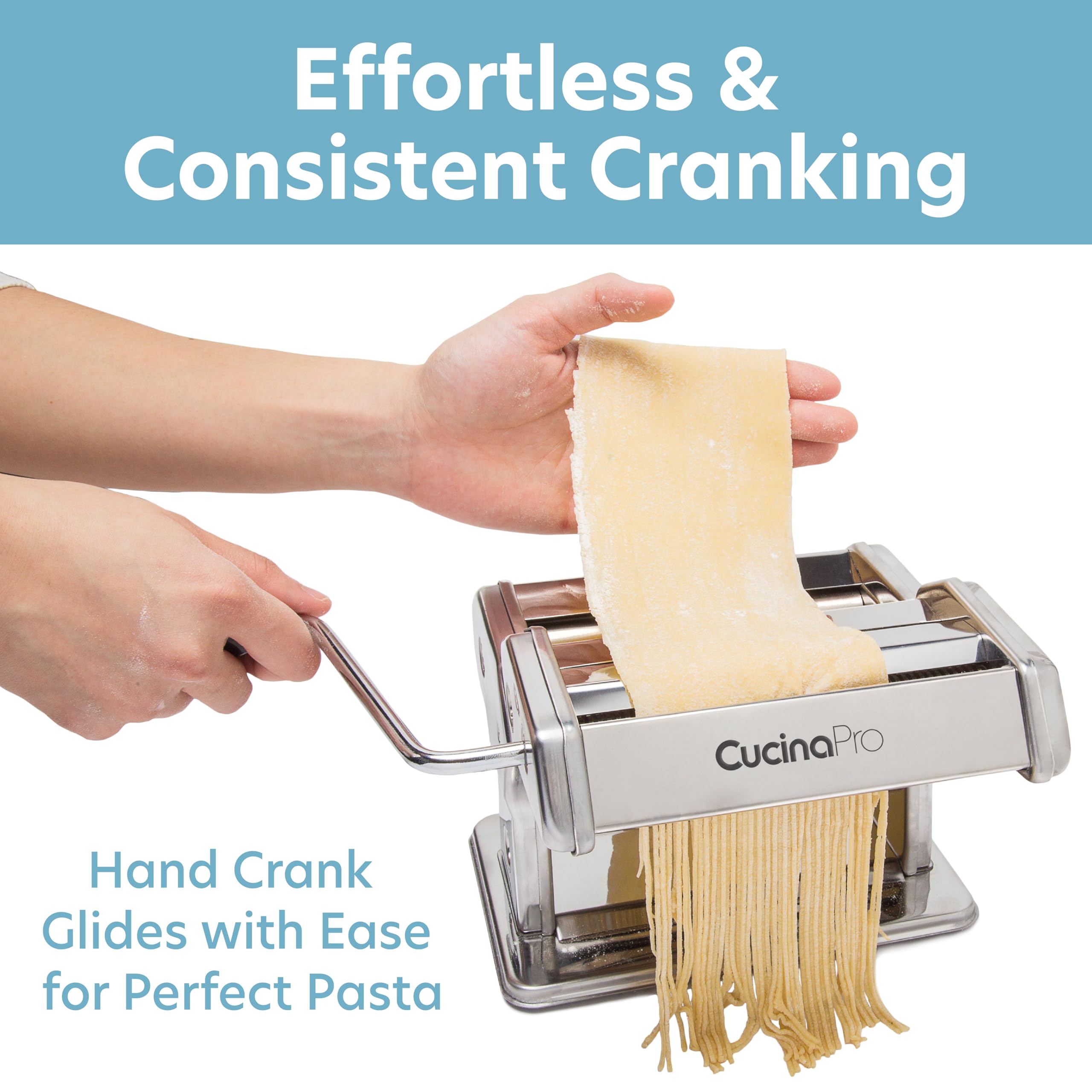 CucinaPro pasta rollers in action shaping spaghetti-style noodles