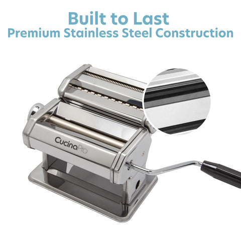CucinaPro pasta roller showing adjustable thickness dial for thin to thick sheets