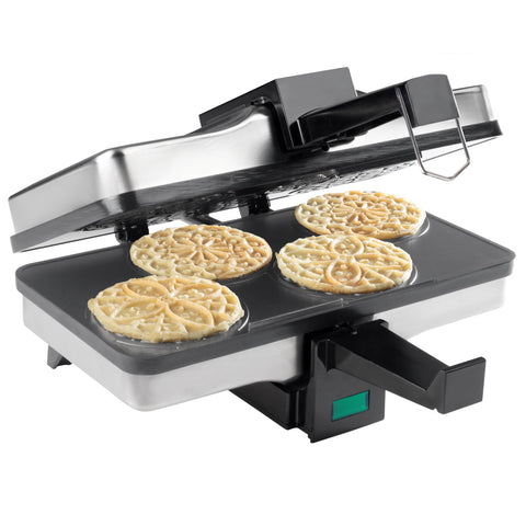 CucinaPro Piccolo Pizzelle Baker makes four mini pizzelle at once for quick holiday bites