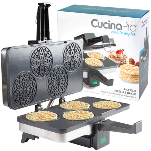 CucinaPro Piccolo Pizzelle Baker on a kitchen counter with nonstick grids