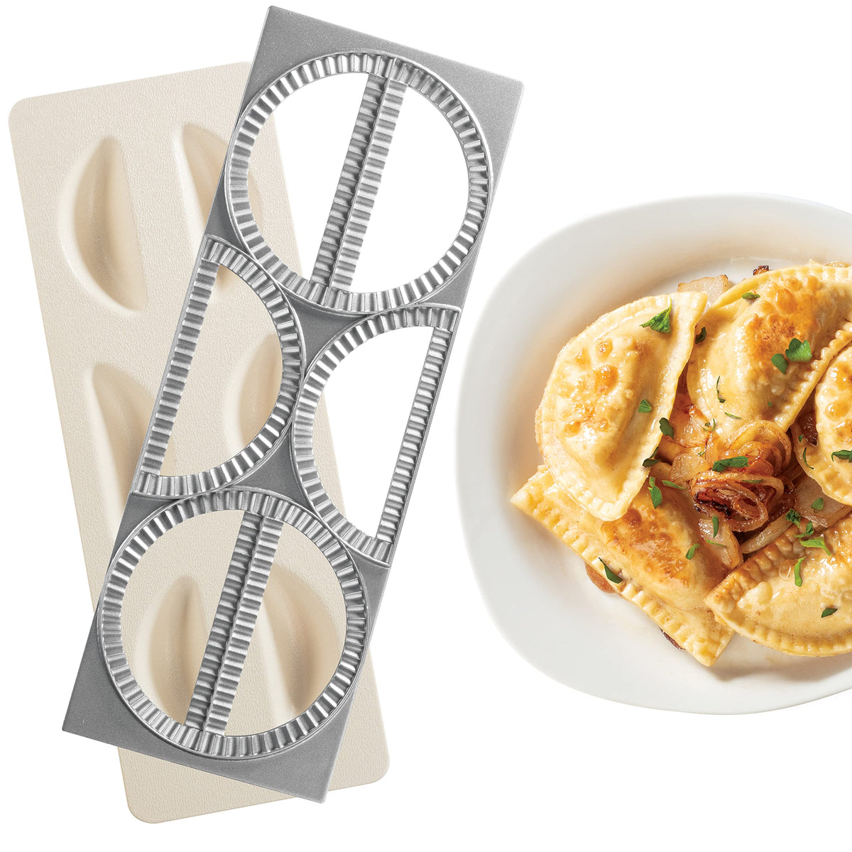 CucinaPro Pierogi Maker with tray and press for quick six-dumpling batches