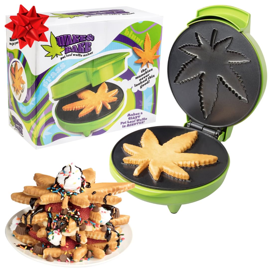 CucinaPro pot leaf waffle maker batter pour for quick, even browning at home.