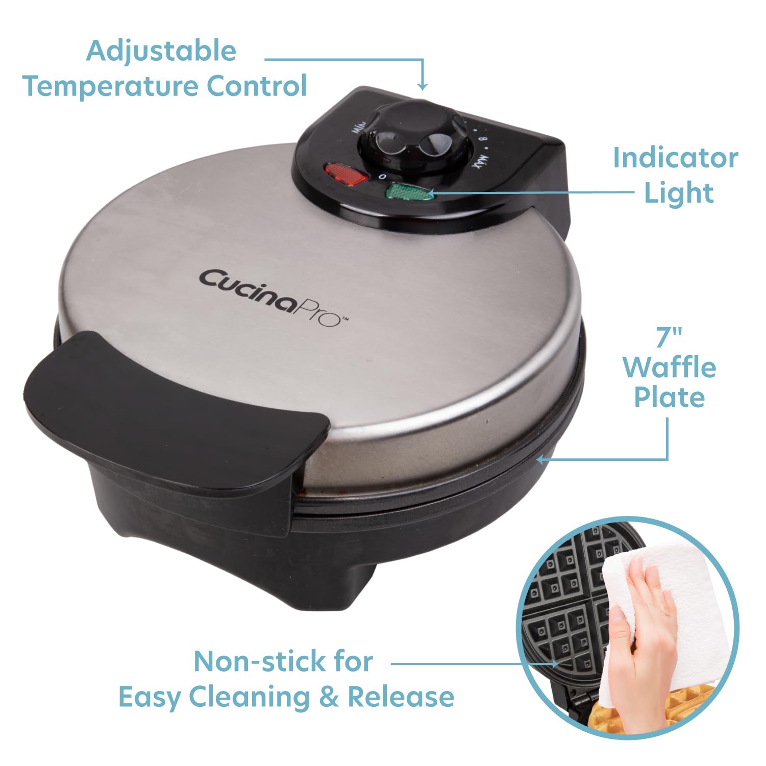 CucinaPro waffle maker featuring adjustable browning control for personalized toasting.