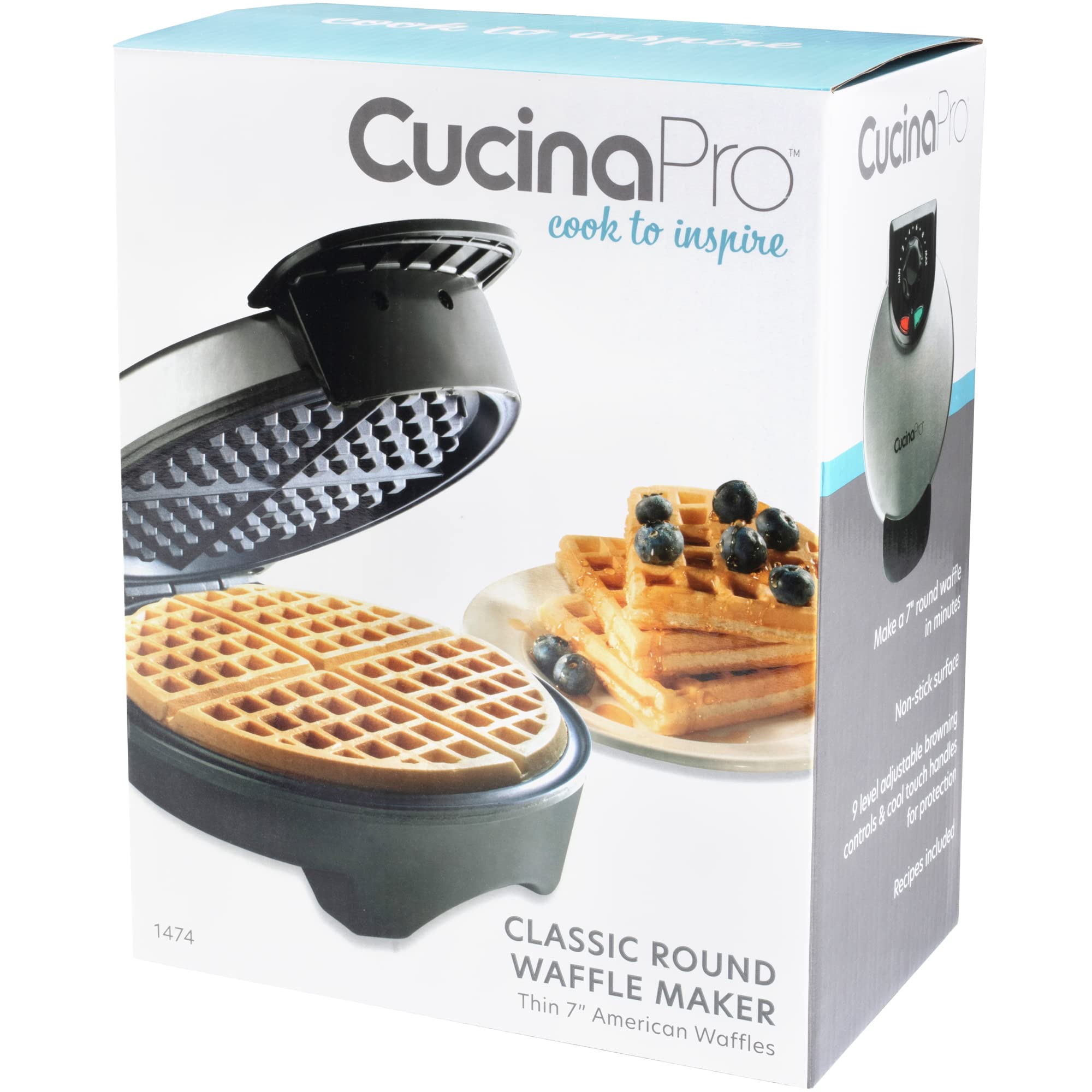 CucinaPro waffle maker offers easy cleanup after cooking thanks to nonstick surface.