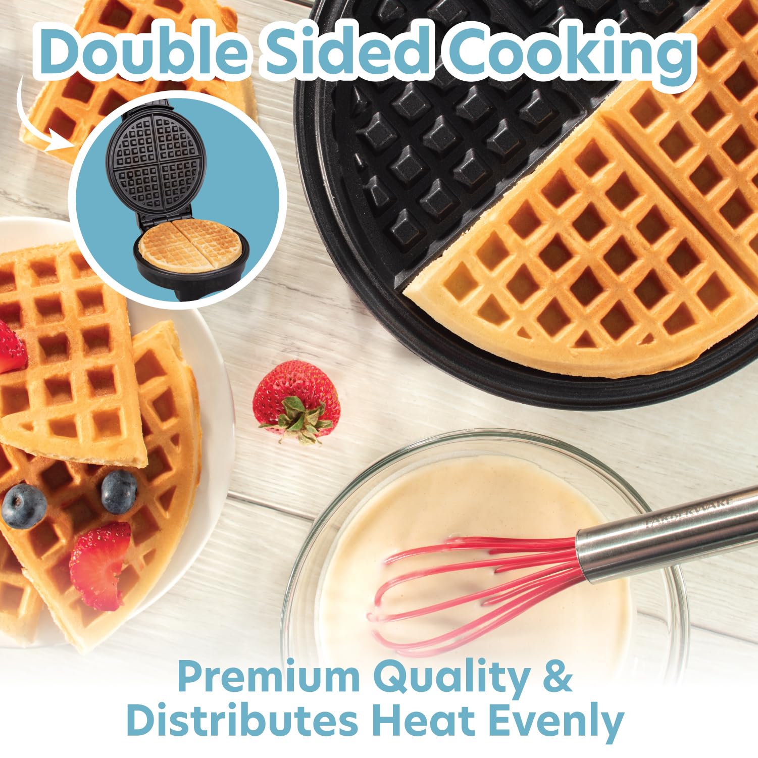 CucinaPro round waffle maker creates classic thin waffles with nostalgic vibe.