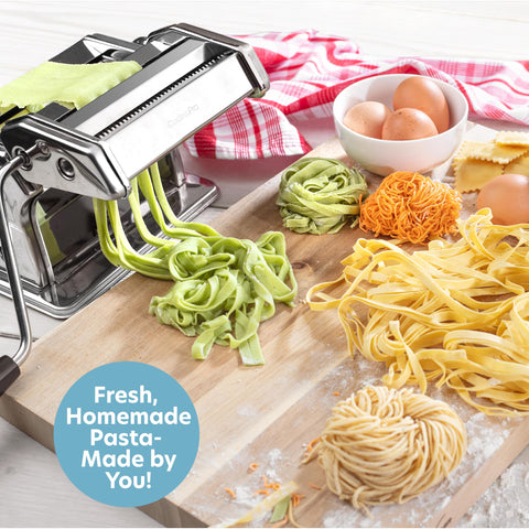 CucinaPro wood-grip handle on pasta maker offers comfortable leverage