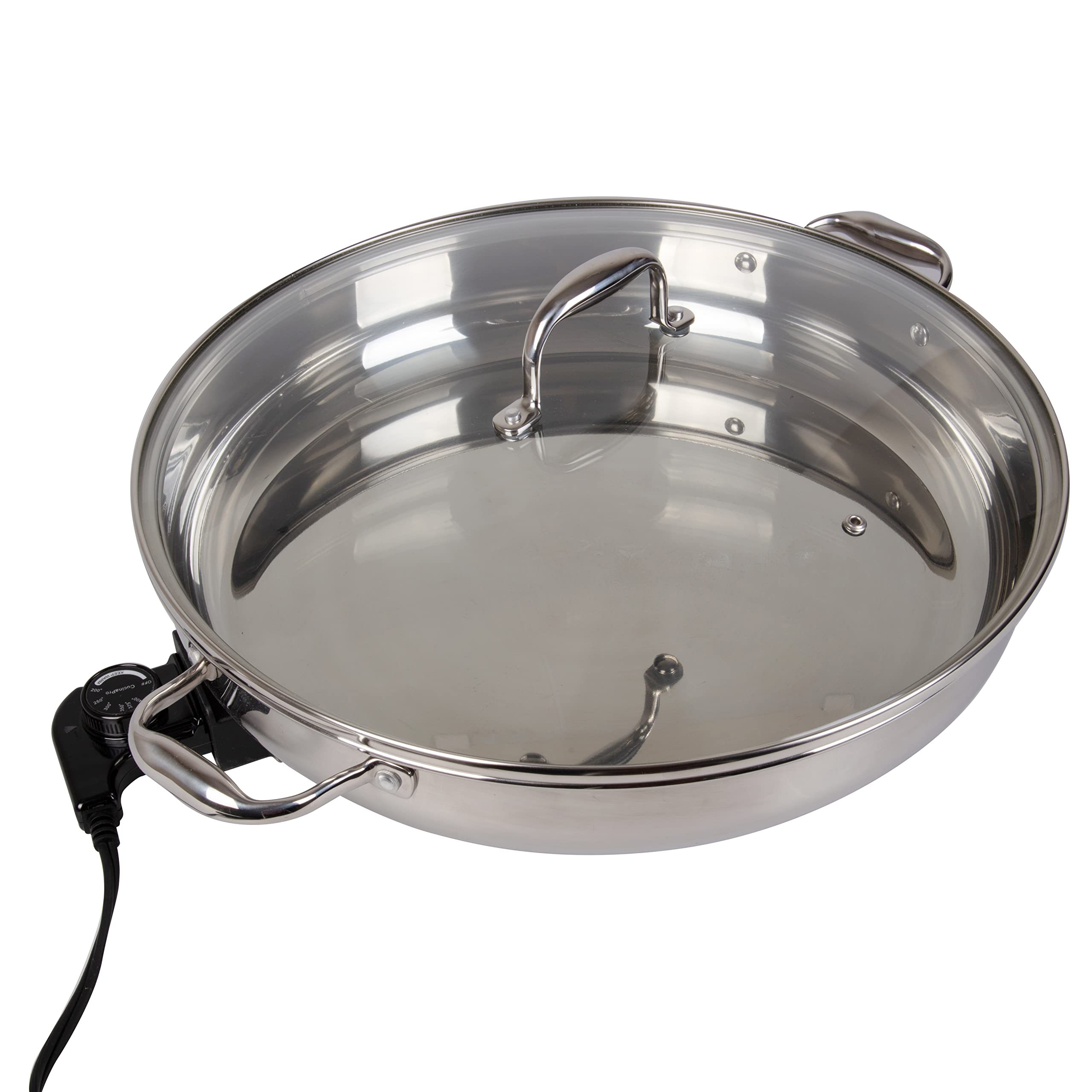 Cucinapro XL electric skillet lid view for easy heat retention and monitoring.