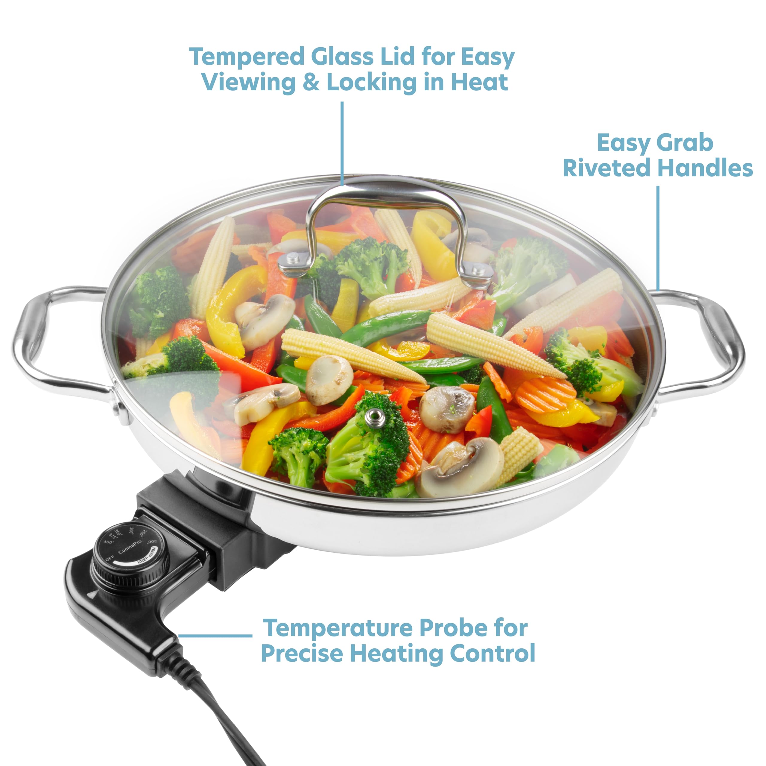 Cucinapro XL electric skillet riveted handles provide a secure, safe grip.