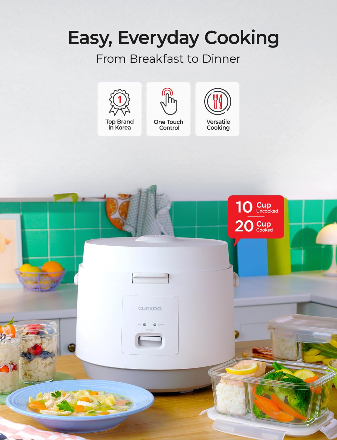 CUCKOO Basic Rice Cooker showing 20-cup cooked rice capacity for large meals