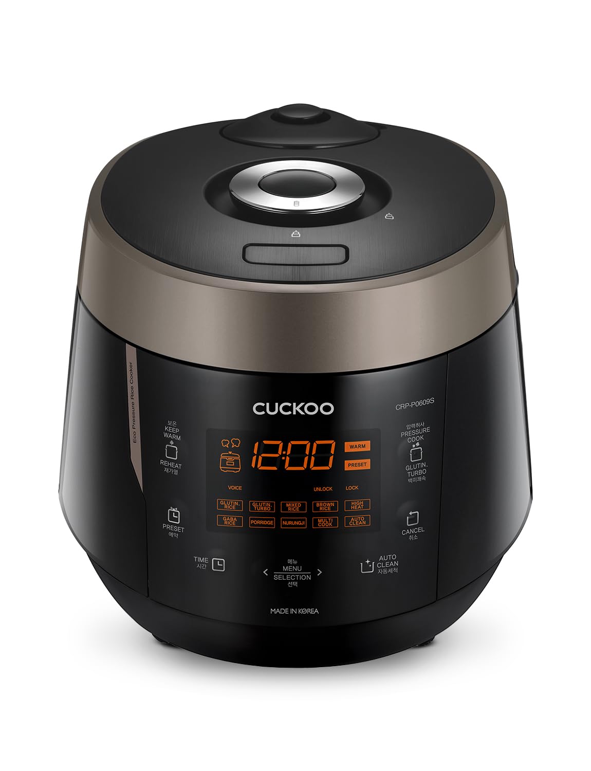 CUCKOO CRP-P0609S 12-menu-options display supports versatile meals.