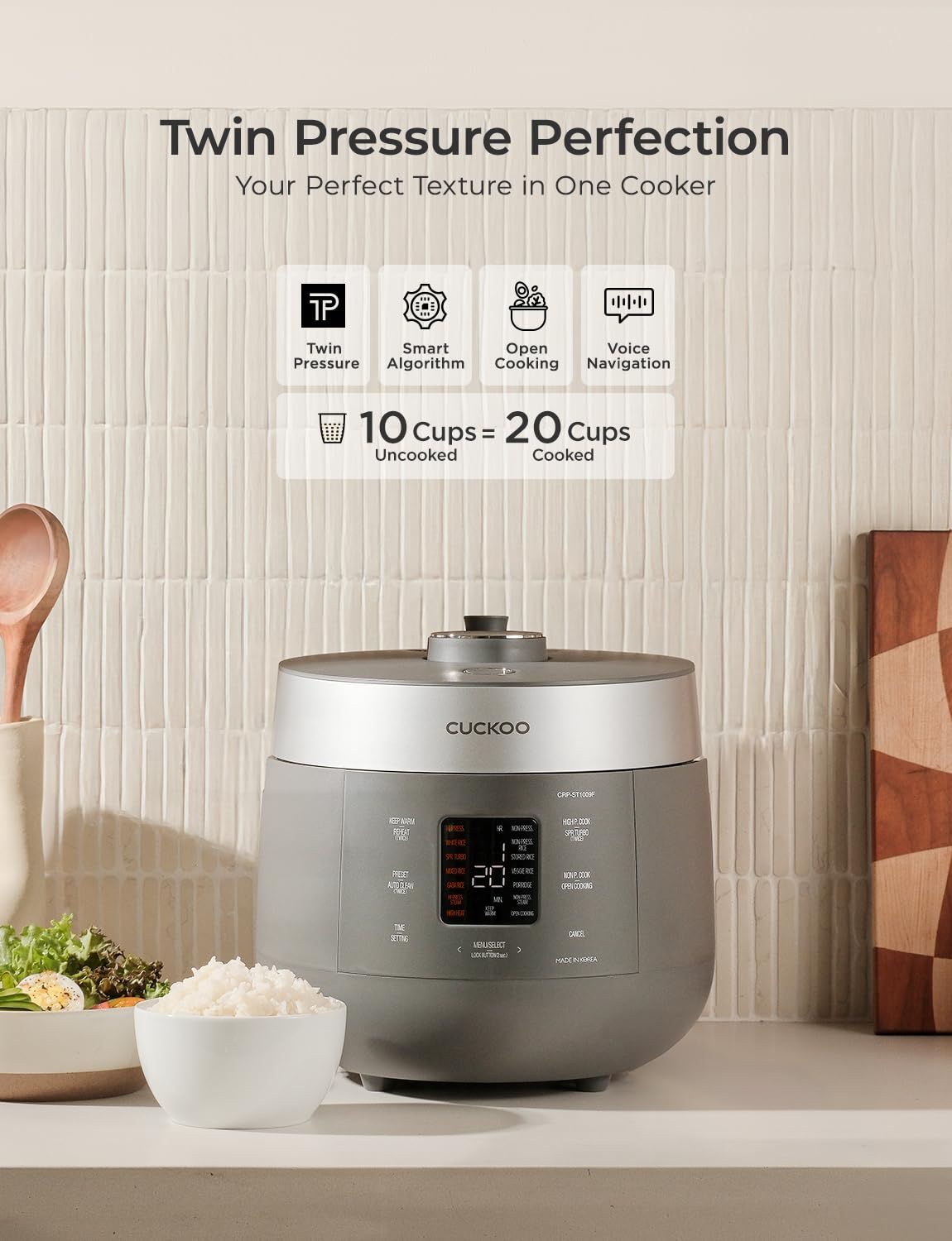 CUCKOO Twin Pressure Rice Cooker with 20-cup cooked capacity for large gatherings.