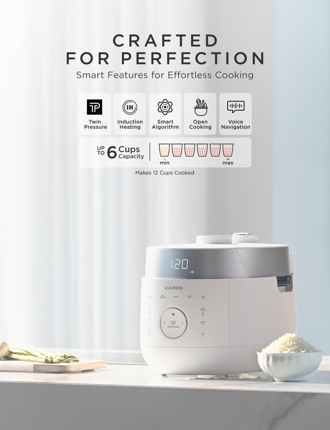 CUCKOO induction-heating pot surrounds the inner bowl for faster, even heating