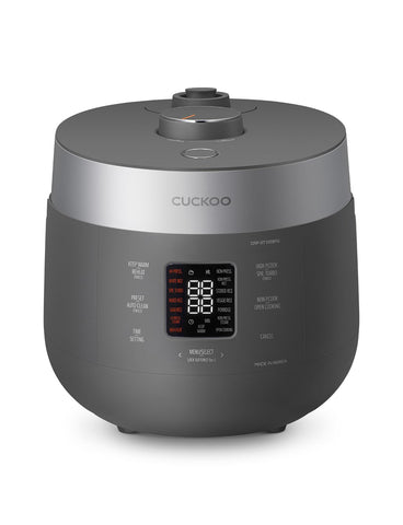 CUCKOO Twin Pressure Rice Cooker showing 10-cup uncooked capacity for family meals.