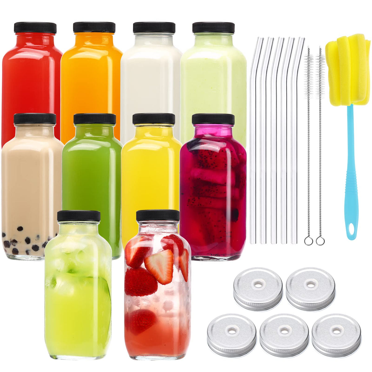 CUCUMI 10-pack glass bottles with lids for leak-free juice storage at home