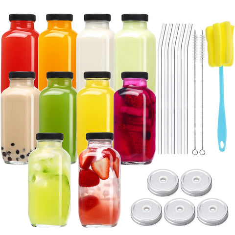 CUCUMI 10-pack glass bottles with lids for leak-free juice storage at home
