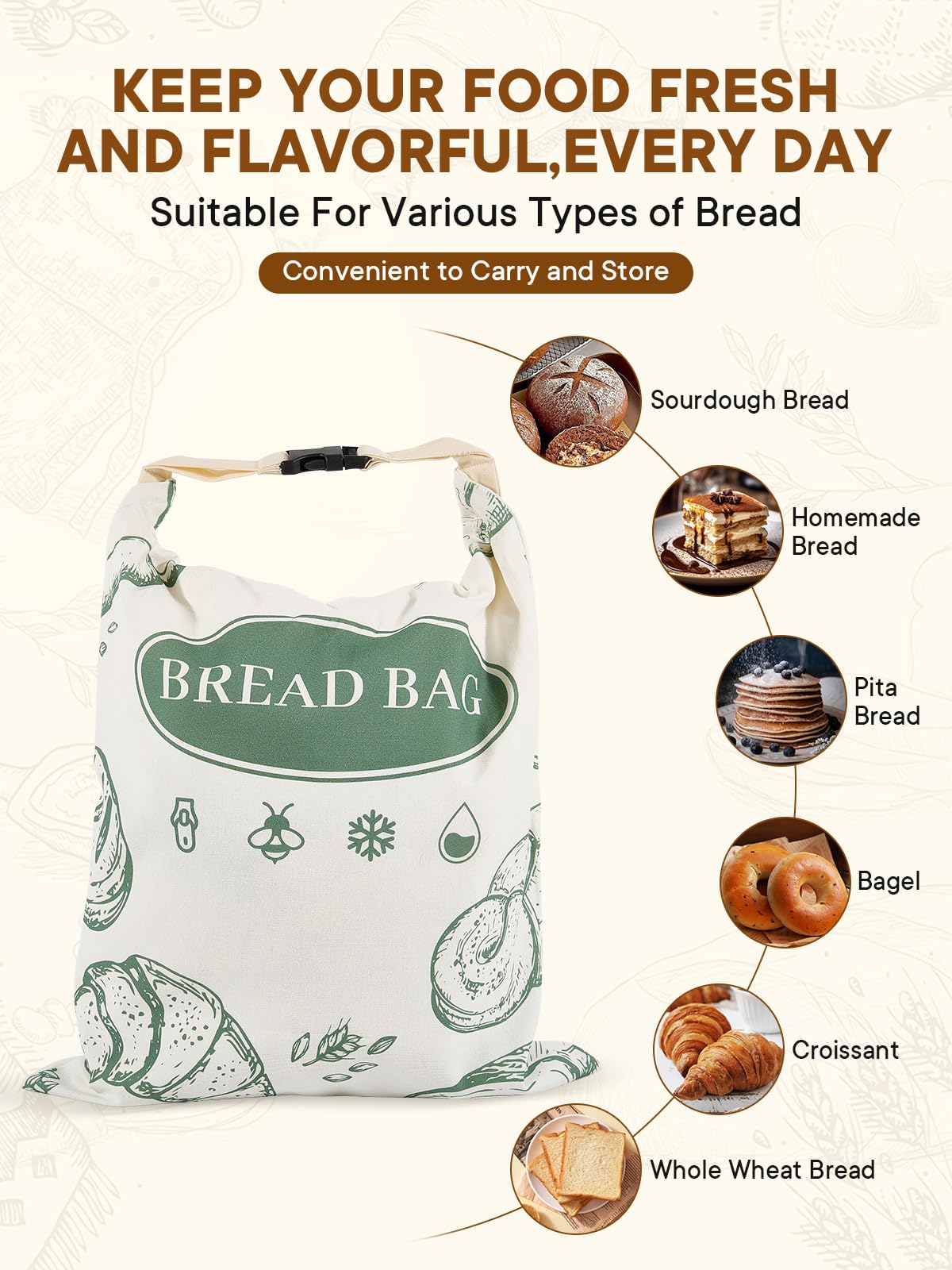 CUIJIALAHA bread bags interior liner enables easy cleaning and moisture control.