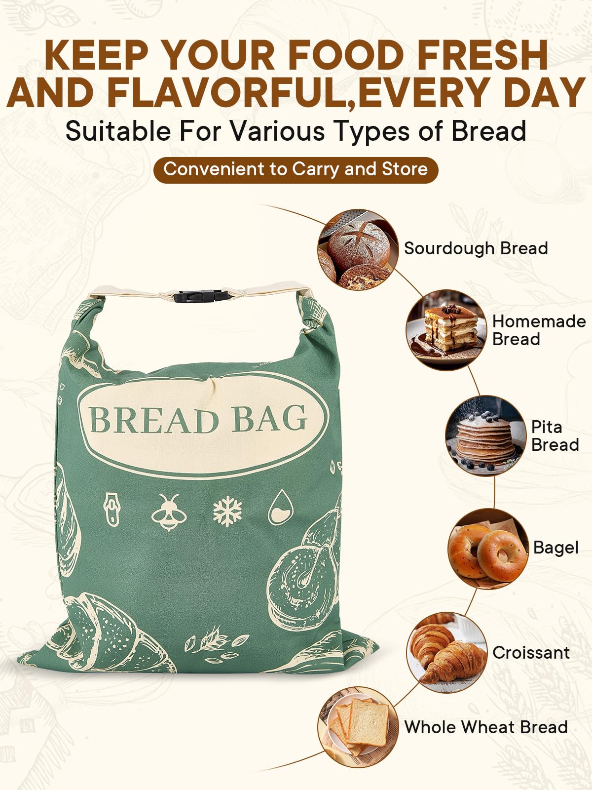 Cuijialaha bread bag with zipper fold-over closure provides secure, breathable storage.