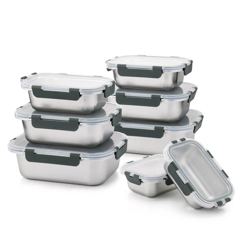 Cuiselect 8-piece lunch box set stacked, ideal for meal prep and portion control.