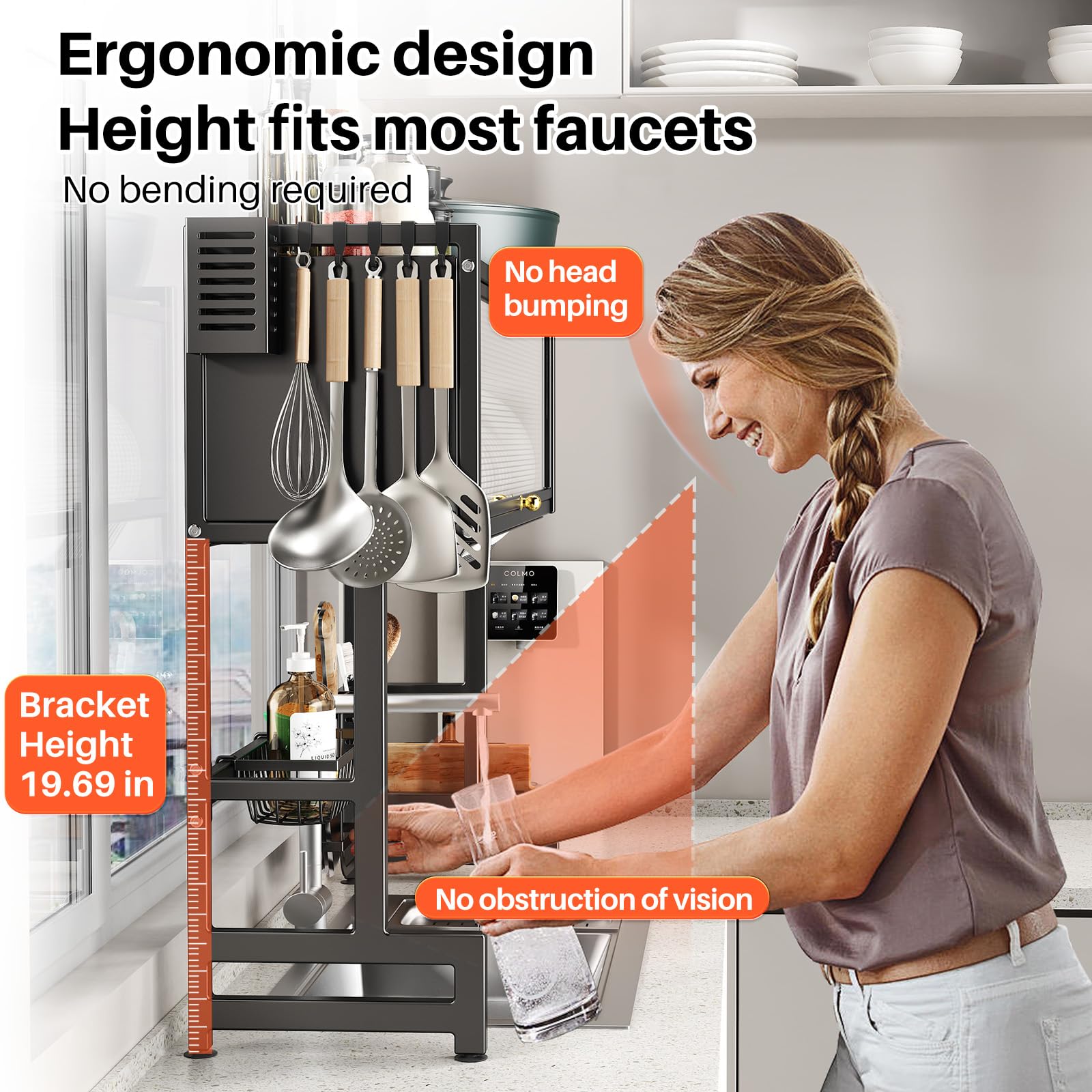 CUISIBOT all-in-one dish rack includes storage basket, knife rack, cutting board rack.