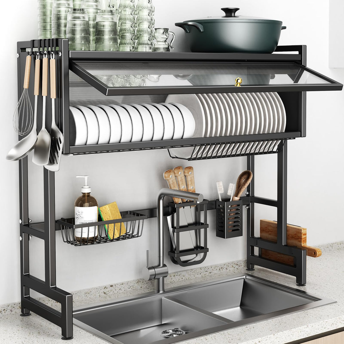 CUISIBOT over-sink dish rack with lid keeps dishes protected and countertops clean.