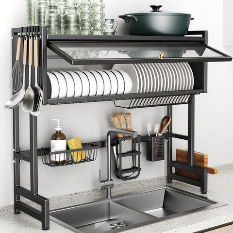 CUISIBOT over-sink dish rack with lid keeps dishes protected and countertops clean.