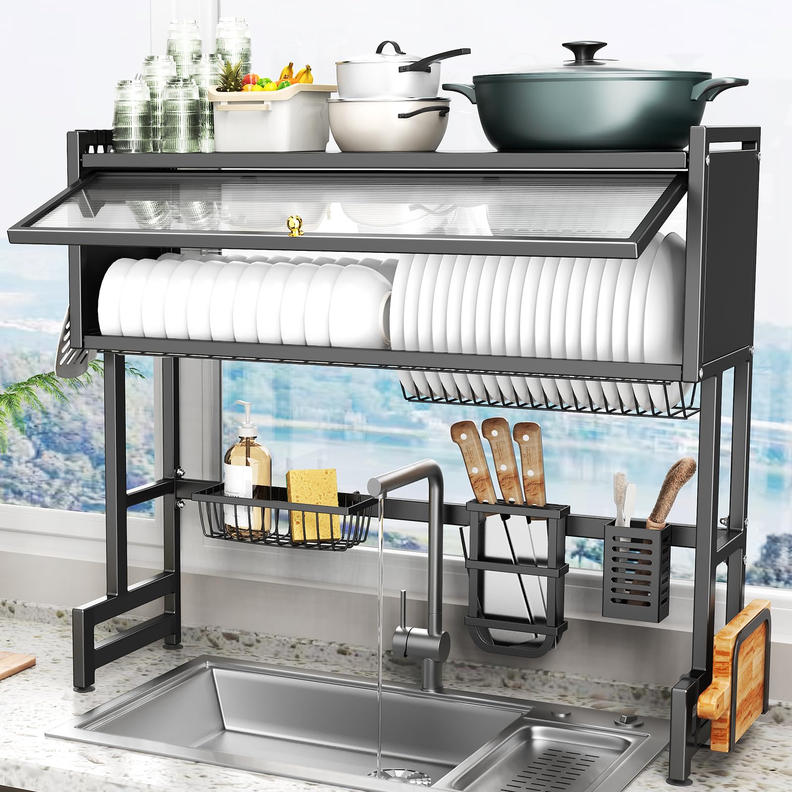 CUISIBOT three-tier drying rack for plates and bowls with ample air circulation.
