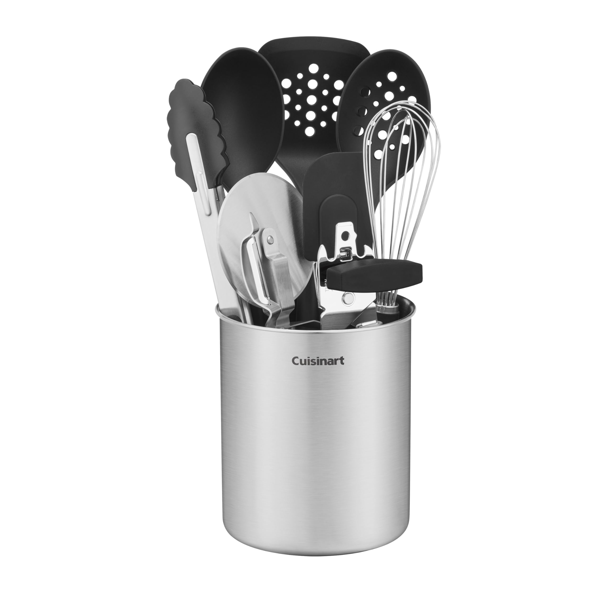 Cuisinart 10-piece tool set stored in stainless crock, front view for easy countertop access.