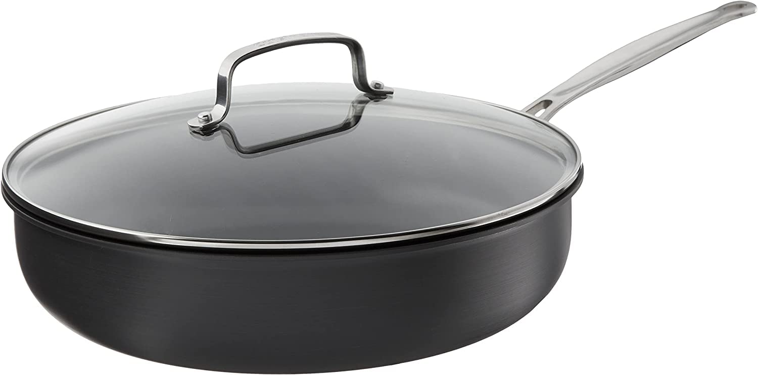 Cuisinart 12-inch deep fry pan with cover for even browning and safer frying.