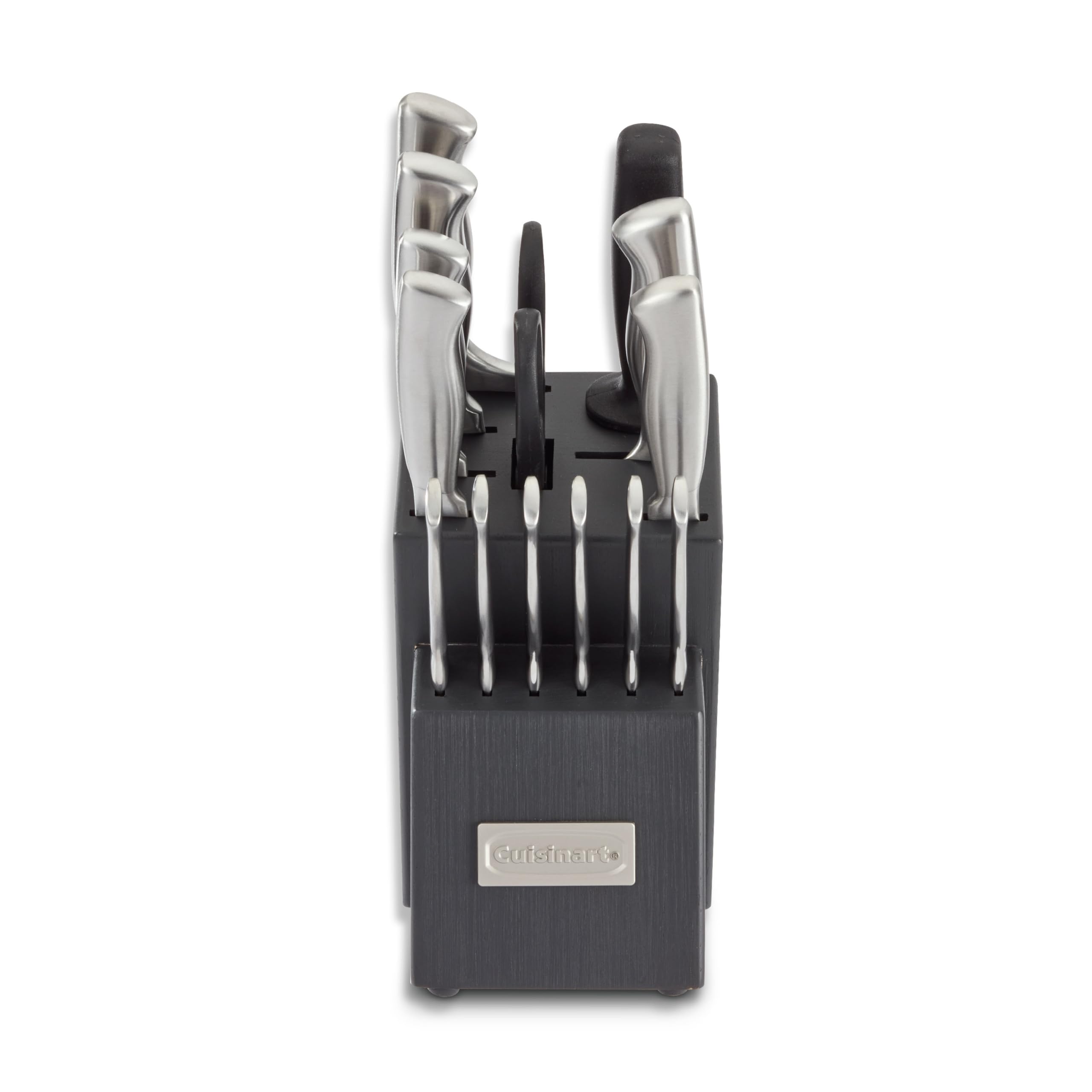 Cuisinart 15-piece cutlery block set displayed in a woodblock for organized prep.