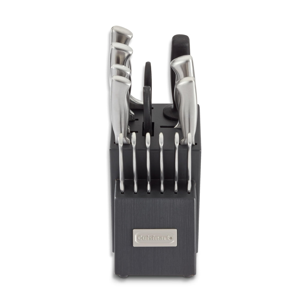 Cuisinart 15-piece cutlery block set displayed in a woodblock for organized prep.