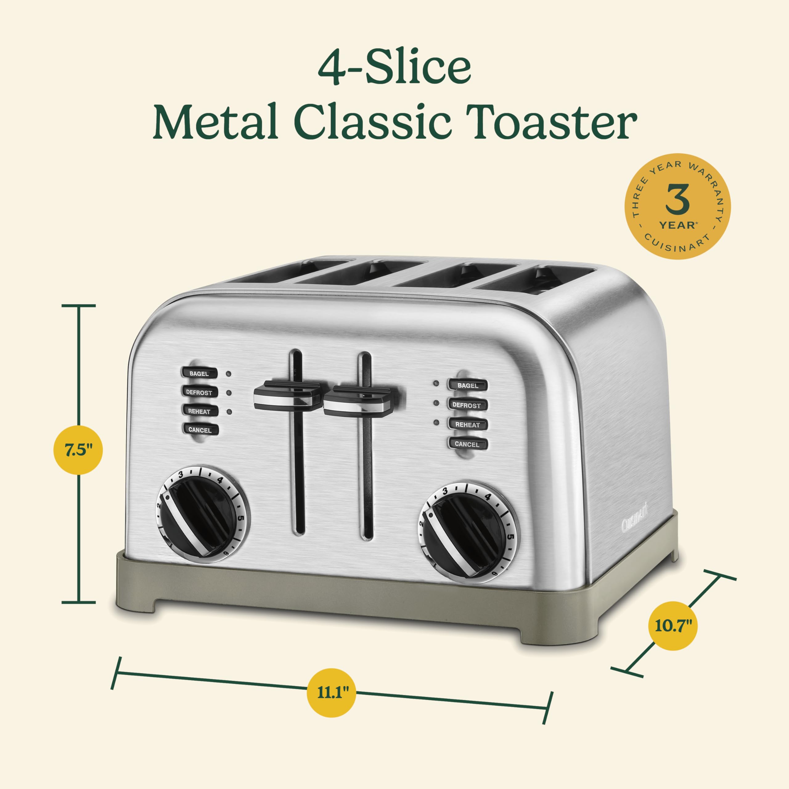 Cuisinart 4-Slice Toaster compact countertop design saves counter space.