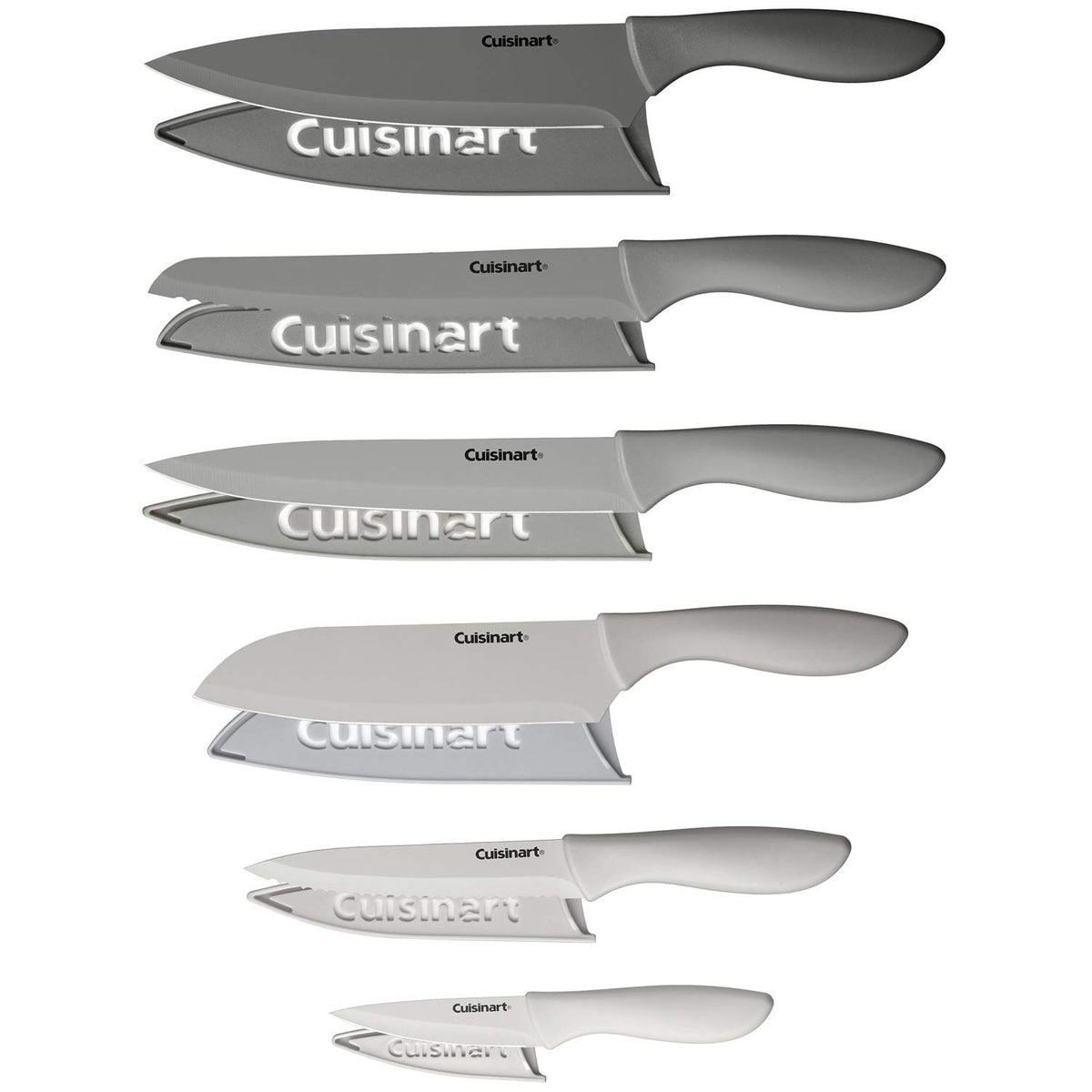 Cuisinart Advantage 12-piece gray knife set with guards for safe storage.