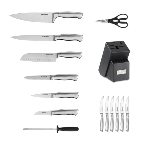 Cuisinart block with a woodgrain grey finish keeps knives accessible.