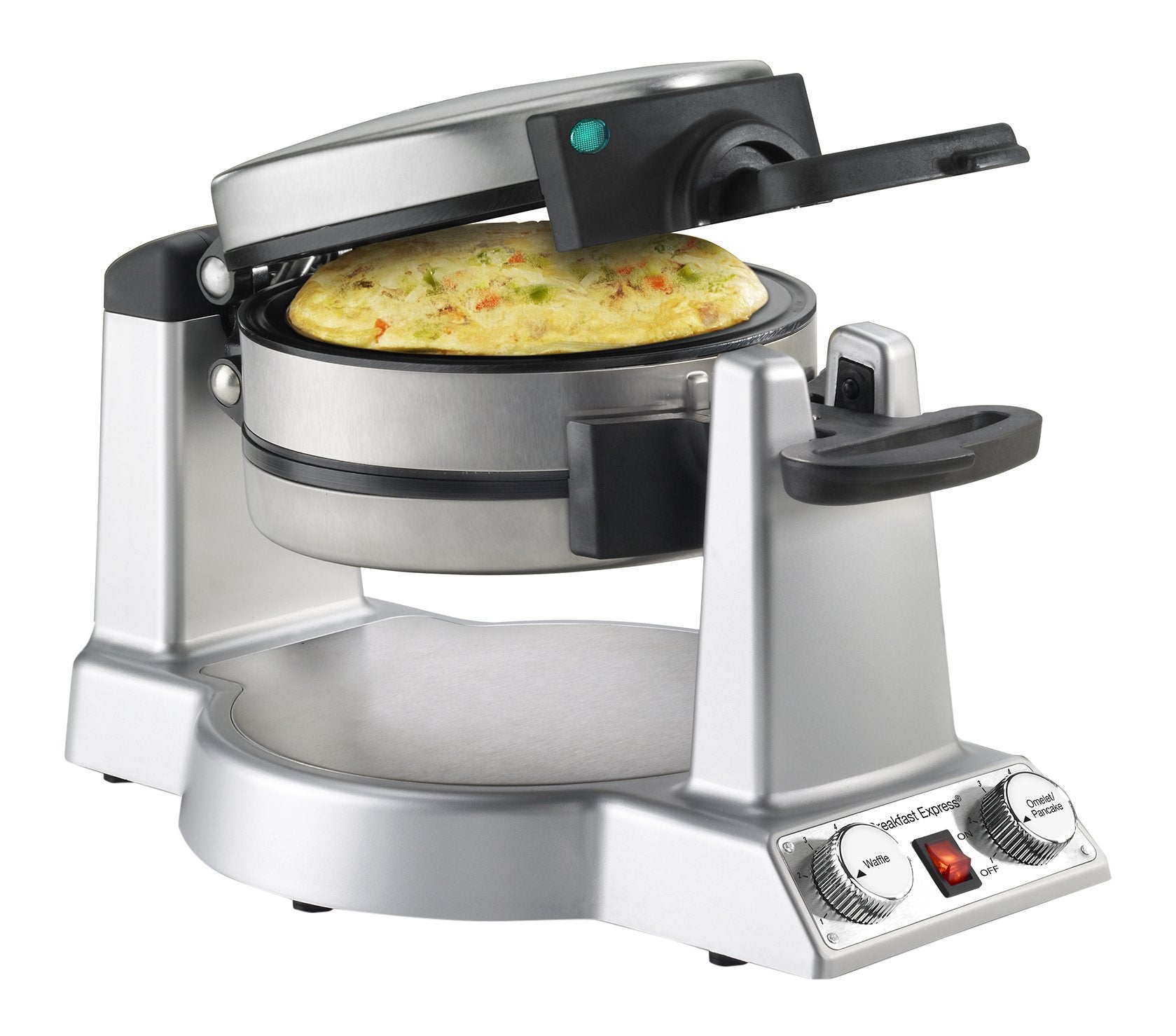 Cuisinart Breakfast Express Waffle and Omelet Maker on the counter, dual-side cooking enables quick breakfasts