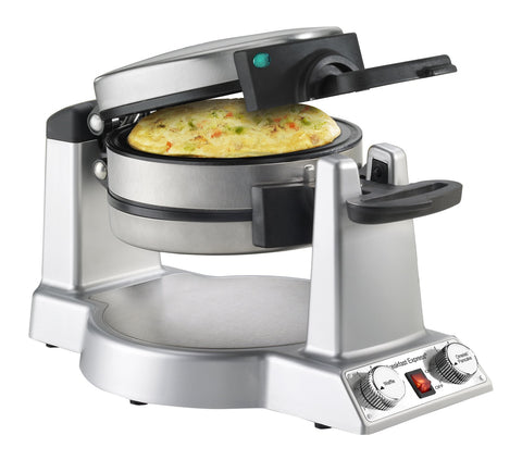 Cuisinart Breakfast Express Waffle and Omelet Maker on the counter, dual-side cooking enables quick breakfasts