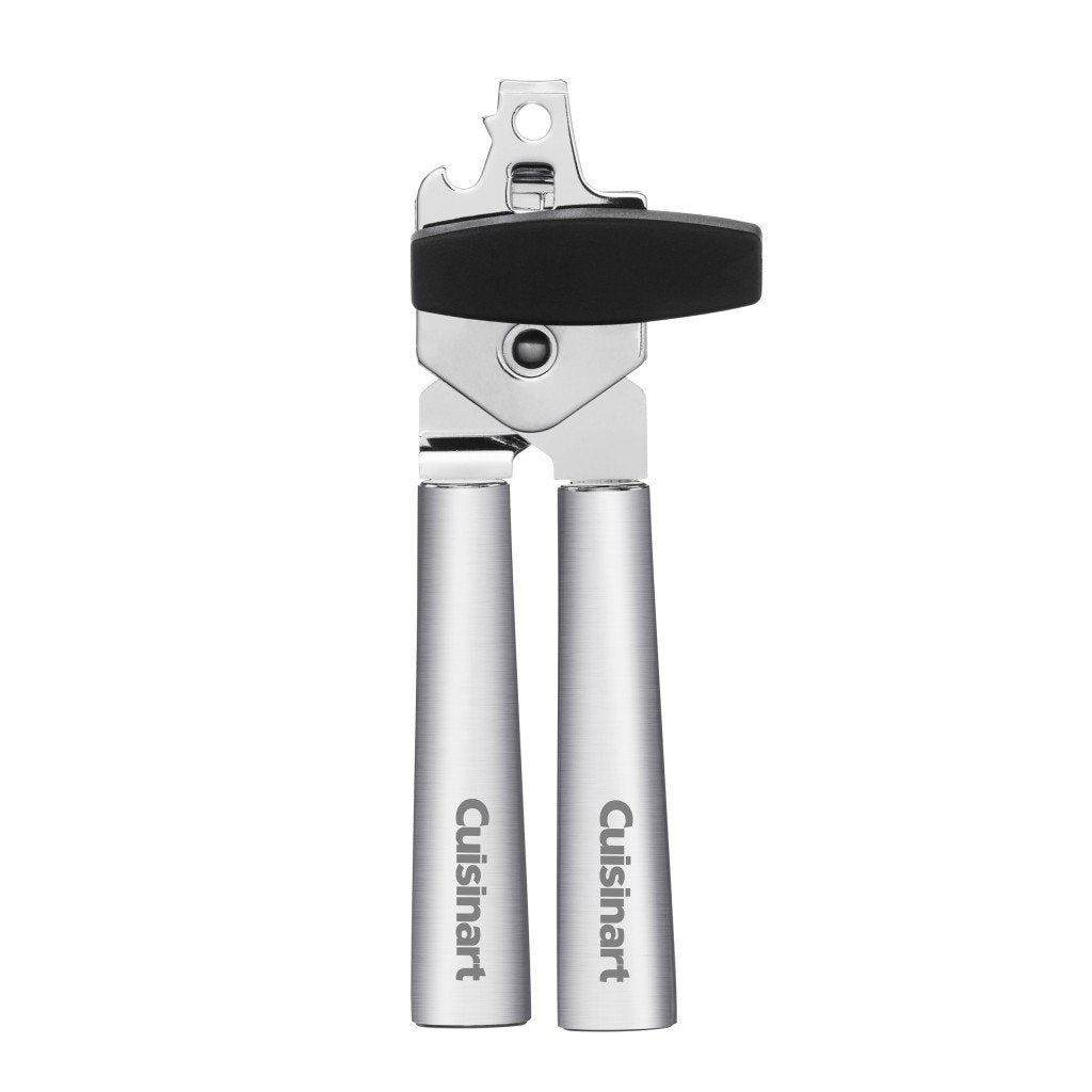 Cuisinart can opener with silver handle and heat-resistant nylon head for easy, safe kitchen openings.