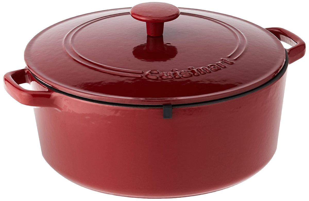 Cuisinart Chef's Classic enameled cast iron round casserole exterior in cardinal red, durable and heat-retentive.