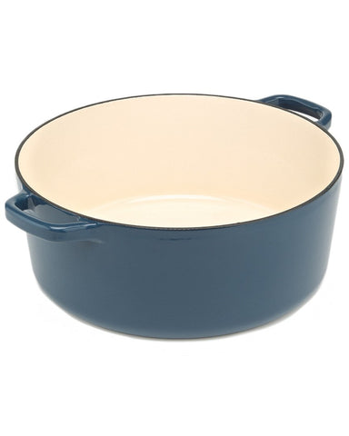 Cuisinart Chef's Classic enameled cast iron casserole with wide handles and lid for serving.