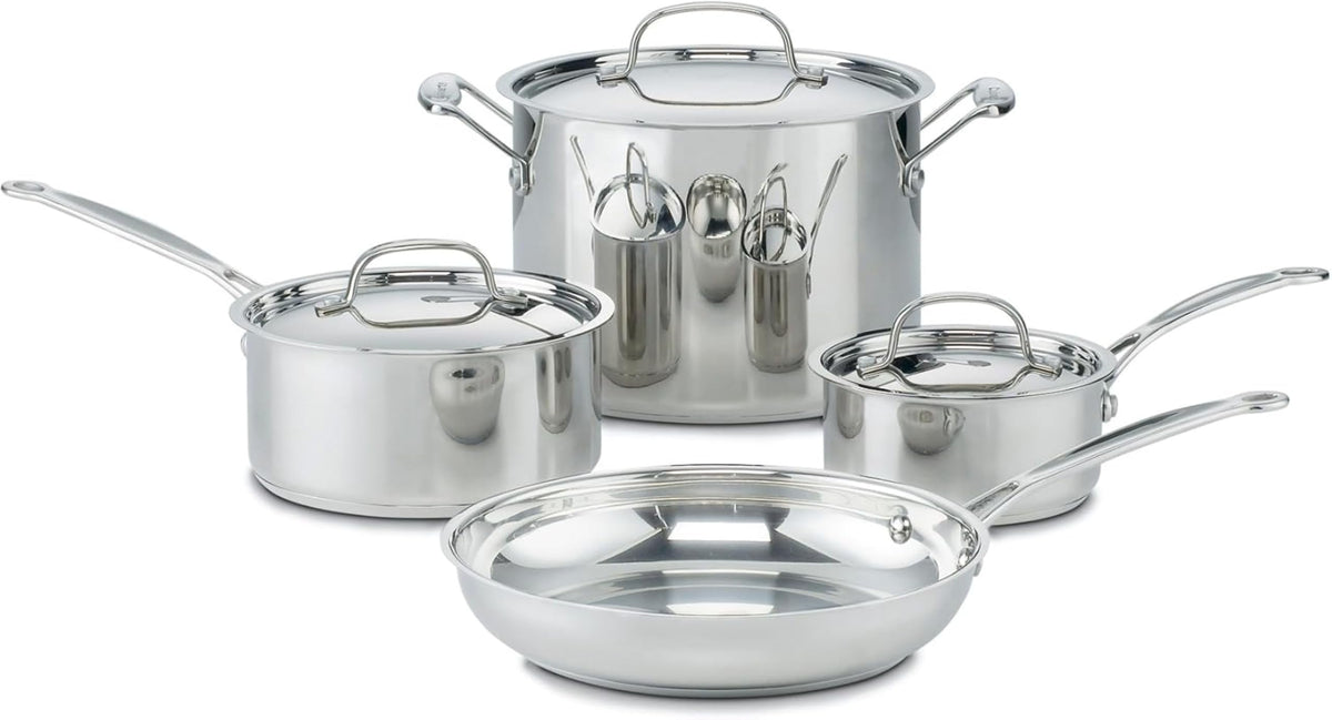 Cuisinart Chef's Classic 7-piece set on stove for even heating and versatile cooking.