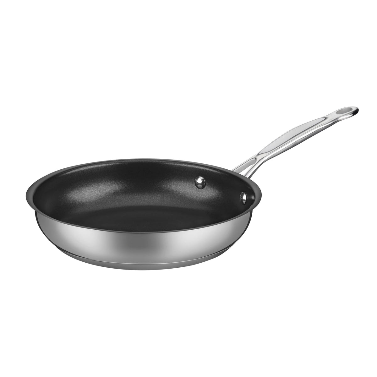 Cuisinart Chef's Classic stainless skillet top view shows even heating and a sleek finish.
