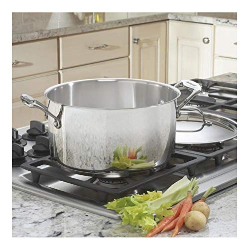 Cuisinart stockpot on stove showcases cool-touch handles and versatile cooking options.