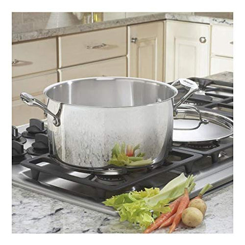 Cuisinart stockpot on stove showcases cool-touch handles and versatile cooking options.