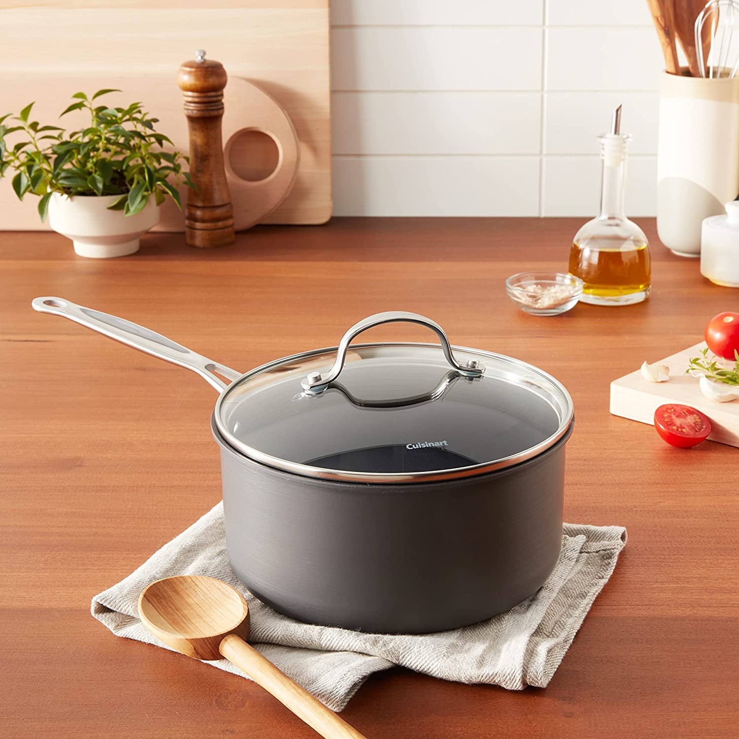 Cuisinart pan with stay-cool stainless steel riveted handles for a safe grip.