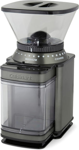 Cuisinart coffee grinder with brushed stainless steel exterior for durable, even grinding.