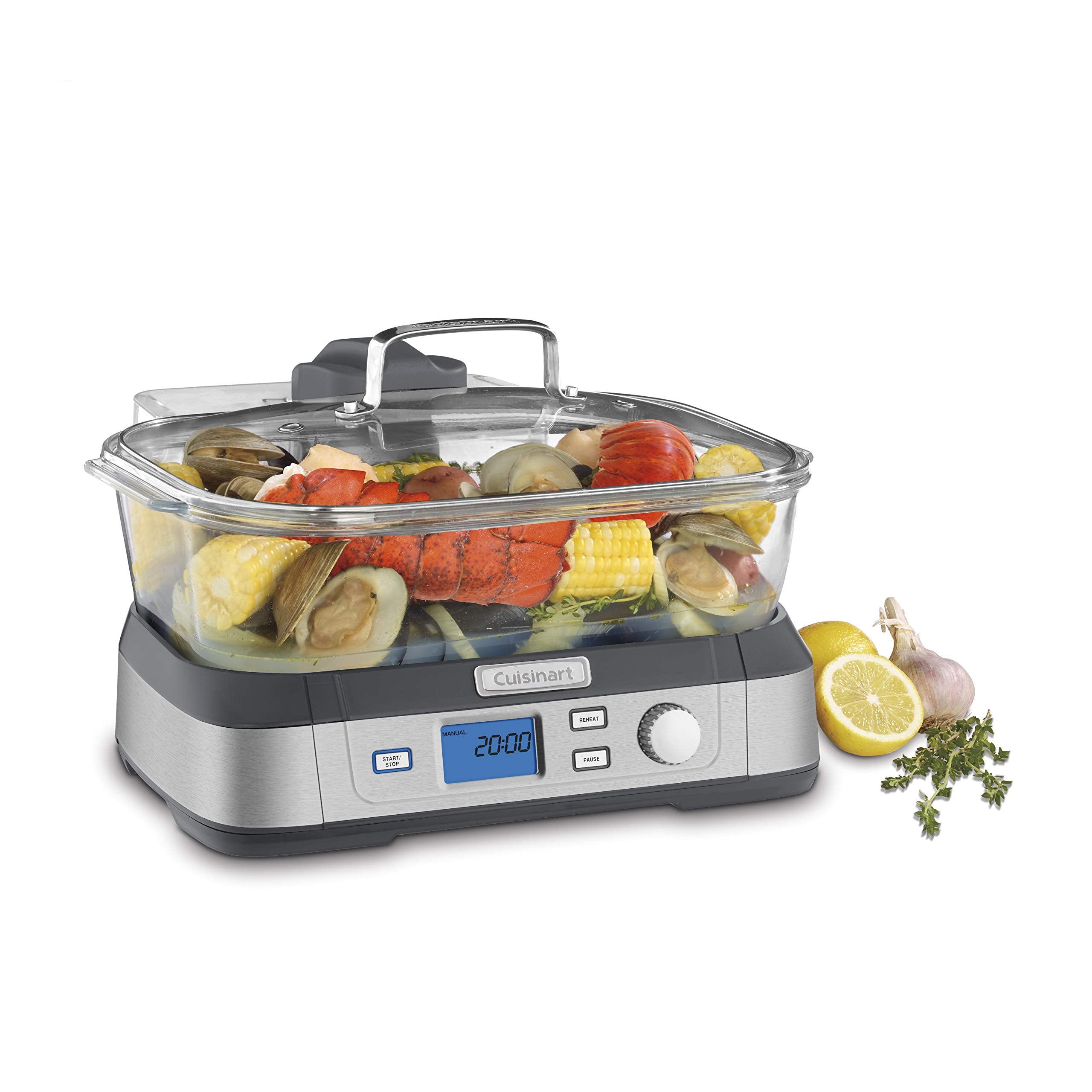 Cuisinart CookFresh glass steamer front view with steam for even cooking